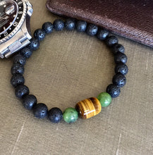 Load image into Gallery viewer, Mens Bracelet, Lava Stone Bracelet, Tiger Eye Lava Beads, Canada Jade Bracelet, Energy Bracelet