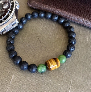 Mens Bracelet, Lava Stone Bracelet, Tiger Eye Lava Beads, Canada Jade Bracelet, Energy Bracelet