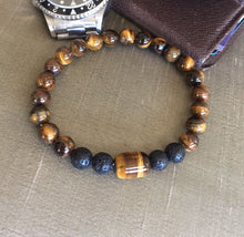 Load image into Gallery viewer, Tiger Eye Healing Bracelet, Lava Stone Bracelet, Mens Tiger Eye Bracelet