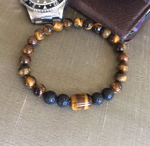 Tiger Eye Healing Bracelet, Lava Stone Bracelet, Mens Tiger Eye Bracelet