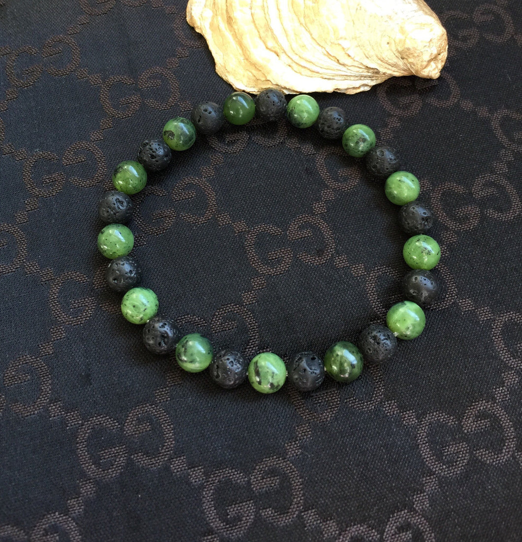 Green Jade Lava Stone Bracelet, Canadian Jade, Mens Bracelet, Partner Bracelet