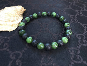 Green Jade Lava Stone Bracelet, Canadian Jade, Mens Bracelet, Partner Bracelet