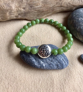 Lotus Charm Jade Bracelet, 100% Authentic Natural Canadian Nephrite Jade, 6mm, Green Jade Bracelet.