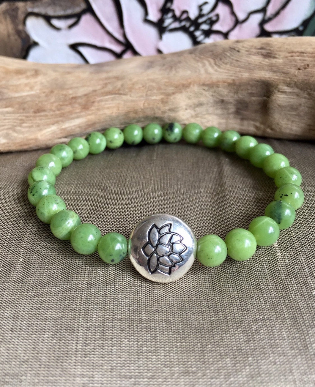 Lotus Charm Jade Bracelet, 100% Authentic Natural Canadian Nephrite Jade, 6mm, Green Jade Bracelet.