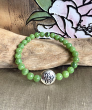 Load image into Gallery viewer, Lotus Charm Jade Bracelet, 100% Authentic Natural Canadian Nephrite Jade, 6mm, Green Jade Bracelet.