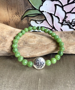 Lotus Charm Jade Bracelet, 100% Authentic Natural Canadian Nephrite Jade, 6mm, Green Jade Bracelet.