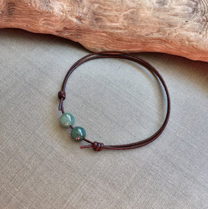 Thin Black Leather Cord Bracelet, Jadeite Bead Bracelet, Protection Bracelet, Lucky Jade Bracelet