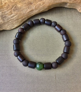 Mens Bracelet, Agarwood, Ebony Black Sandalwood, Canadian Nephrite Jade Bracelet