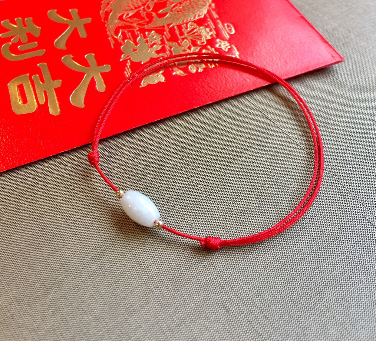 Red String of Fate Bracelet, Jadeite Bead Bracelet, Lucky Red Cord  Bracelet, 14k Gold filled bead