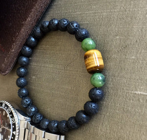 Mens Bracelet, Lava Stone Bracelet, Tiger Eye Lava Beads, Canada Jade Bracelet, Energy Bracelet