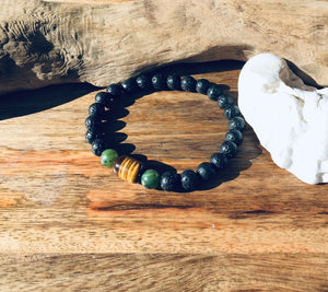 Mens Bracelet, Lava Stone Bracelet, Tiger Eye Lava Beads, Canada Jade Bracelet, Energy Bracelet