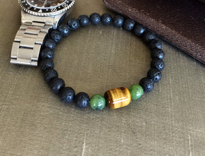 Mens Bracelet, Lava Stone Bracelet, Tiger Eye Lava Beads, Canada Jade Bracelet, Energy Bracelet