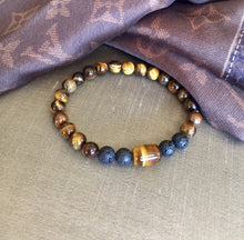 Load image into Gallery viewer, Tiger Eye Healing Bracelet, Lava Stone Bracelet, Mens Tiger Eye Bracelet