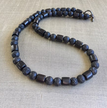 Load image into Gallery viewer, Mens Lava Beads Necklace, Black Lava Rock Necklace, Sandalwood Beads, Mens Wood Necklace