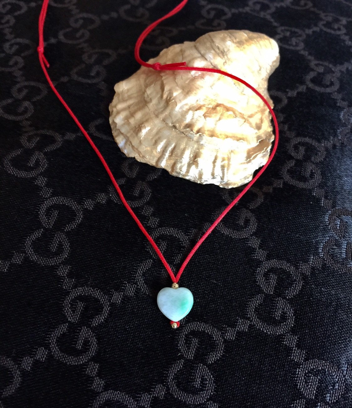 Red String Necklace, Lucky Jade Necklace, Jadeite Heart Pendant