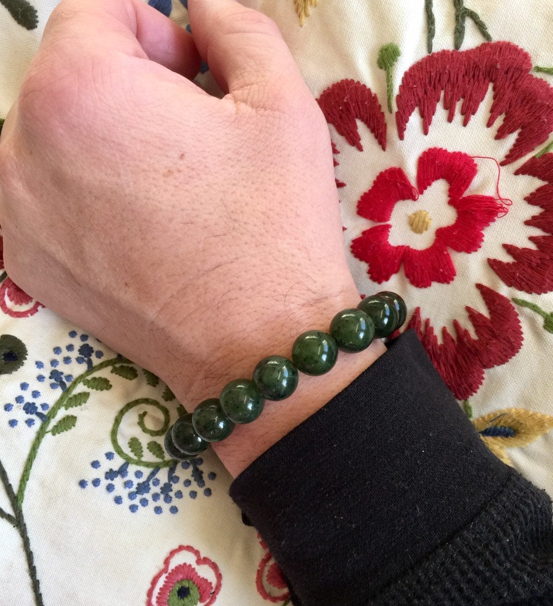 Mens Thick Bead Jade Bracelet Adjustable Size  Bhoma Jewelry