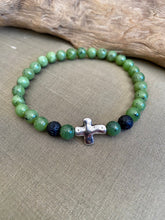 Load image into Gallery viewer, Green Jade Bracelet, Canadian Jade Bracelet, Authentic Natural Canadian Nephrite Jade, Cross Charm Bracelet, Green Jade Bracelet, Lava Beads