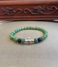 Load image into Gallery viewer, Green Jade Bracelet, Canadian Jade Bracelet, Authentic Natural Canadian Nephrite Jade, Cross Charm Bracelet, Green Jade Bracelet, Lava Beads