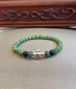 Green Jade Bracelet, Canadian Jade Bracelet, Authentic Natural Canadian Nephrite Jade, Cross Charm Bracelet, Green Jade Bracelet, Lava Beads