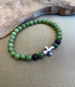 Green Jade Bracelet, Canadian Jade Bracelet, Authentic Natural Canadian Nephrite Jade, Cross Charm Bracelet, Green Jade Bracelet, Lava Beads