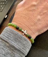 Load image into Gallery viewer, Green Jade Bracelet, Canadian Jade Bracelet, Authentic Natural Canadian Nephrite Jade, Cross Charm Bracelet, Green Jade Bracelet, Lava Beads