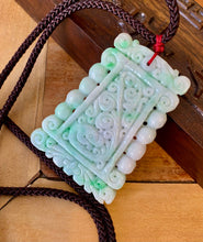 Load image into Gallery viewer, Certified Grade A Jadeite Pendant, Burmese Jadeite, Hand carved Moire Jadeite, Vintage Jadeite, Emerald Green Jadeite Jade Plaque Pendant.