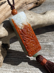 Certified Grade A Jadeite, Jadeite Pendant Necklace, Traditional Carving Rectangle Column Jadeite, Red Jadeite Pendant, Sweater Necklace.