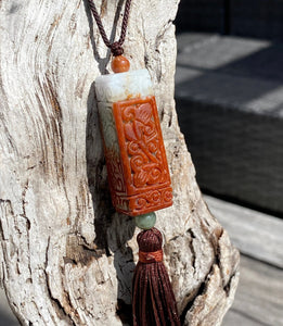 Certified Grade A Jadeite, Jadeite Pendant Necklace, Traditional Carving Rectangle Column Jadeite, Red Jadeite Pendant, Sweater Necklace.