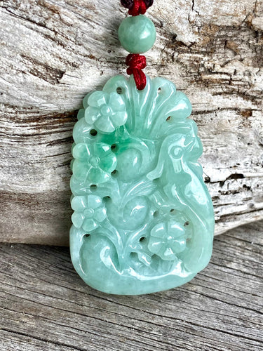 Certified Grade A Jadeite Pendant, Flowers & Bird Jadeite Pendant, Jade Jadeite, Emerald Green Jadeite Necklace, Lucky Jade Necklace