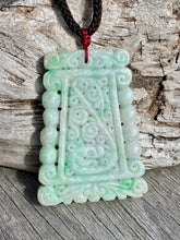 Load image into Gallery viewer, Certified Grade A Jadeite Pendant, Burmese Jadeite, Hand carved Moire Jadeite, Vintage Jadeite, Emerald Green Jadeite Jade Plaque Pendant.