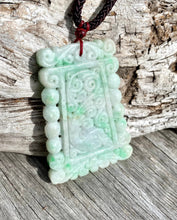 Load image into Gallery viewer, Certified Grade A Jadeite Pendant, Burmese Jadeite, Hand carved Moire Jadeite, Vintage Jadeite, Emerald Green Jadeite Jade Plaque Pendant.