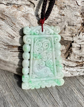 Load image into Gallery viewer, Certified Grade A Jadeite Pendant, Burmese Jadeite, Hand carved Moire Jadeite, Vintage Jadeite, Emerald Green Jadeite Jade Plaque Pendant.