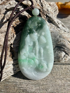 Certified Grade A Jadeite Pendant,  Burmese Jadeite Pendant Necklace, Exquisite Hand carved Lotus & Mandarin Ducks Jadeite Pendant.