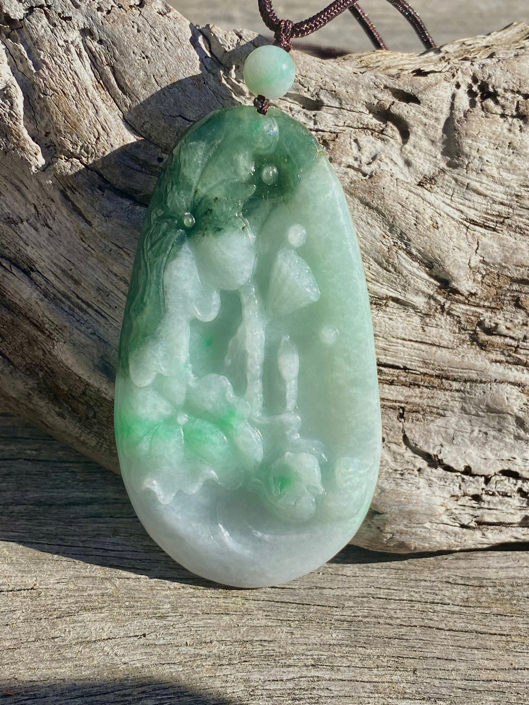 Certified Grade A Jadeite Pendant,  Burmese Jadeite Pendant Necklace, Exquisite Hand carved Lotus & Mandarin Ducks Jadeite Pendant.