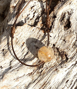 Golden Rutilated Quartz Necklace, Brown Leather Cord Necklace ,Simple Adjustable Thin Necklace, Black Choker Necklace.