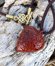 Load image into Gallery viewer, Certified Grade A Natural Jadeite Pendant, Jadeite Heart Pendant, Red Jadeite, Red Jade Heart Necklace, Vintage Hand Carved Moire Jadeite.