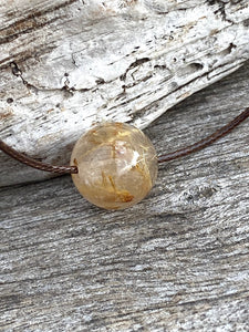 Golden Rutilated Quartz Necklace, Brown Leather Cord Necklace ,Simple Adjustable Thin Necklace, Black Choker Necklace.