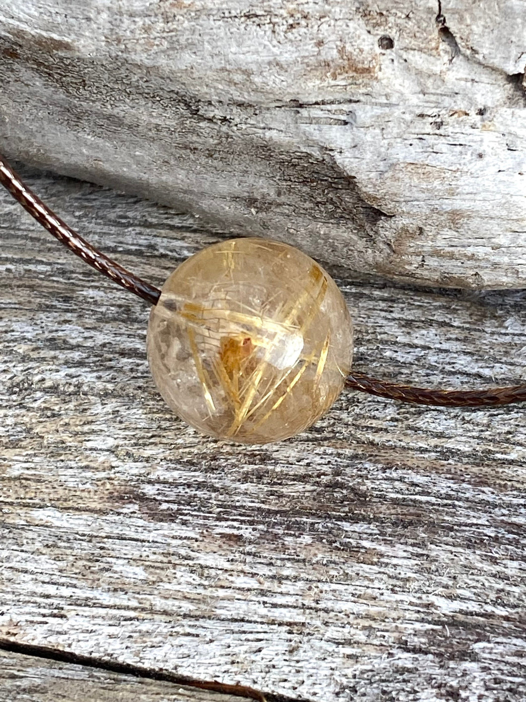 Golden Rutilated Quartz Necklace, Brown Leather Cord Necklace ,Simple Adjustable Thin Necklace, Black Choker Necklace.