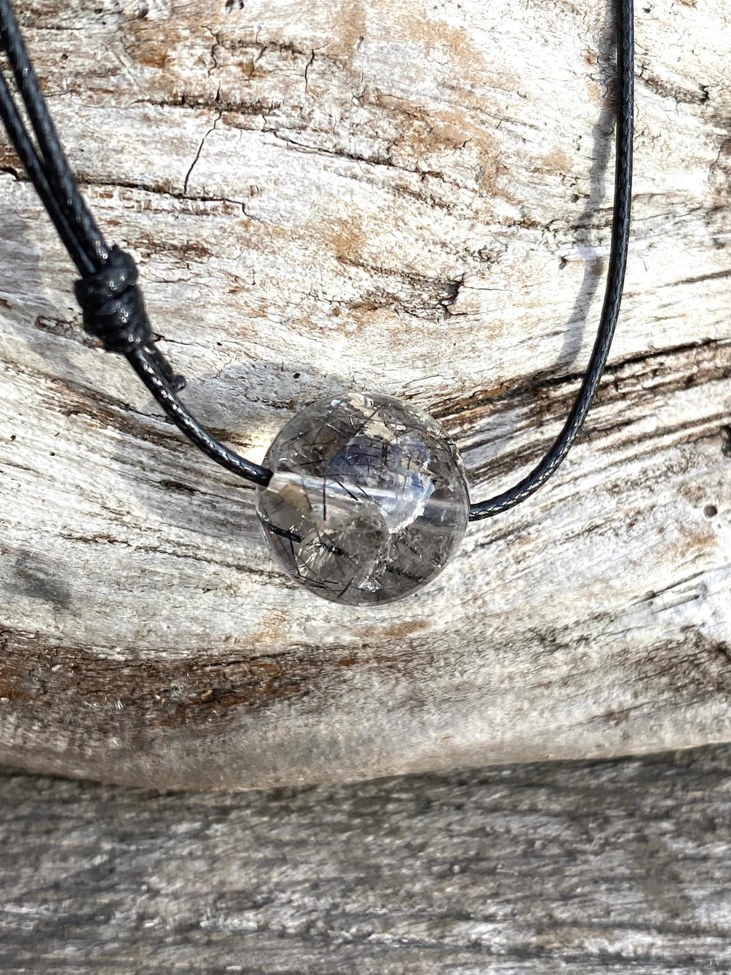 Gemstone Necklace, Black Rutilated Quartz Necklace, Brown Cord Necklace, Simple Thin Necklace, Black Choker Necklace.