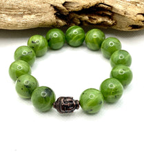 Load image into Gallery viewer, Canadian Nephrite Jade, Olive Green Canadian Jade Bracelet, 14mm Canadian Jade Beads, Large Jade Beads Bracelet, Green Jade Beaded Bracelet.