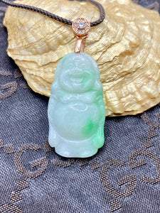 Genuine Untreated Natural Jadeite, A-Grade Emerald Green Jadeite, Jadeite Jade Pendant Necklace, Laughing Buddha, Jadeite Buddha Pendant.