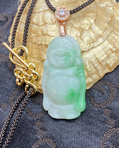 Genuine Untreated Natural Jadeite, A-Grade Emerald Green Jadeite, Jadeite Jade Pendant Necklace, Laughing Buddha, Jadeite Buddha Pendant.