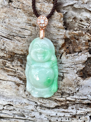 Genuine Untreated Natural Jadeite, A-Grade Emerald Green Jadeite, Jadeite Jade Pendant Necklace, Laughing Buddha, Jadeite Buddha Pendant.