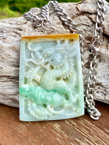 Certified Grade A Jadeite Pendant, Burmese Jadeite Pendant Necklace, Hand carved Dragon and Bat Jadeite Pendant, Hiphop Jade Dragon Pendant.