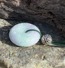 Load image into Gallery viewer, Certified Grade A Jadeite Pendant, Green Jadeite, Hand Carved Moire Jadeite Donut, Lavender Emerald Green Jadeite, Lavender Jadeite Donut.