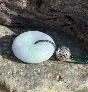 Certified Grade A Jadeite Pendant, Green Jadeite, Hand Carved Moire Jadeite Donut, Lavender Emerald Green Jadeite, Lavender Jadeite Donut.