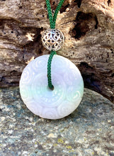 Load image into Gallery viewer, Certified Grade A Jadeite Pendant, Green Jadeite, Hand Carved Moire Jadeite Donut, Lavender Emerald Green Jadeite, Lavender Jadeite Donut.