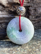 Load image into Gallery viewer, Certified Grade A Jadeite Pendant, Green Jadeite Jade, Hand Carved Moire Jadeite Donut, Lavender Emerald Green Jadeite Pendant Necklace.