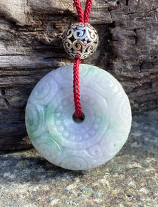 Certified Grade A Jadeite Pendant, Green Jadeite Jade, Hand Carved Moire Jadeite Donut, Lavender Emerald Green Jadeite Pendant Necklace.