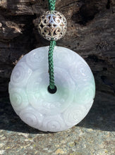 Load image into Gallery viewer, Certified Grade A Jadeite Pendant, Green Jadeite, Hand Carved Moire Jadeite Donut, Lavender Emerald Green Jadeite, Lavender Jadeite Donut.